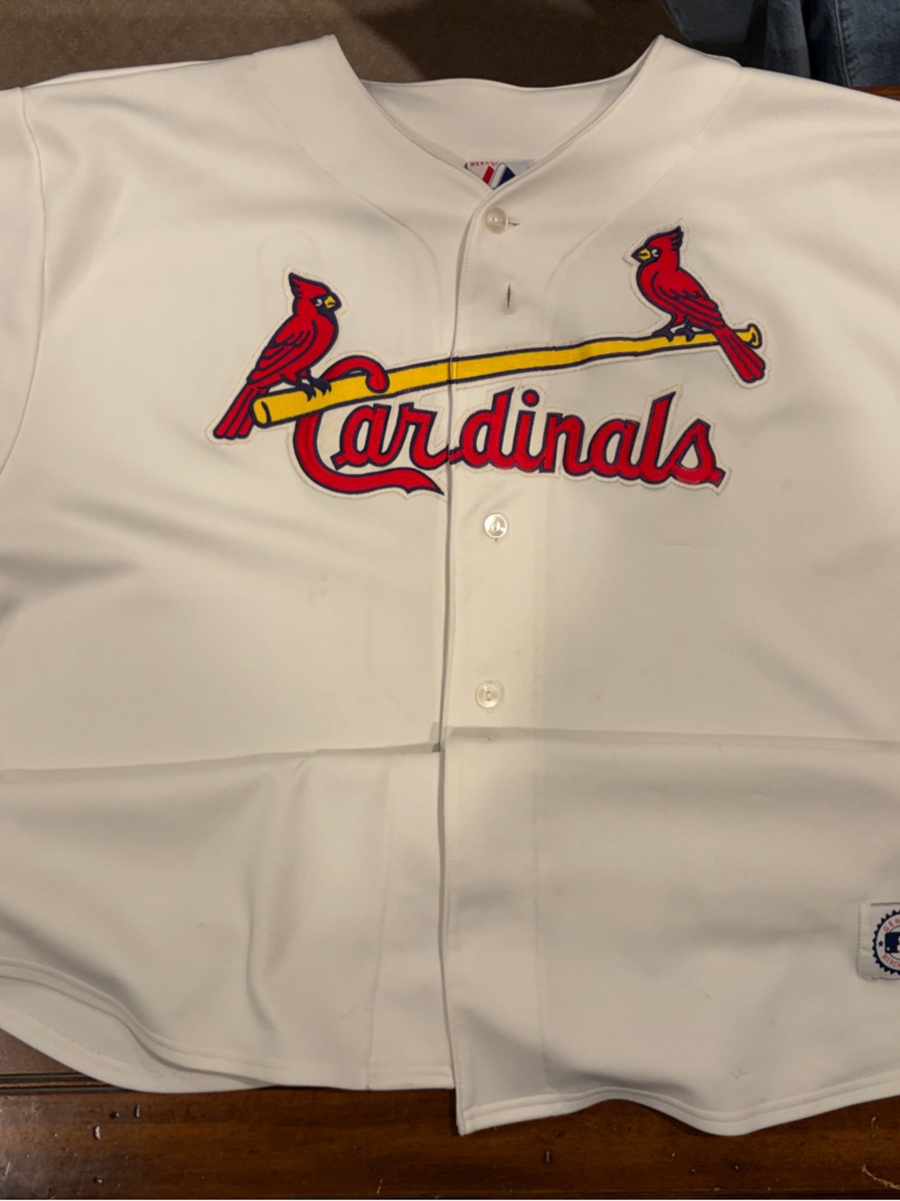 Majestic White Cardinals Button-Front Baseball Jersey with Red and Yellow Logo